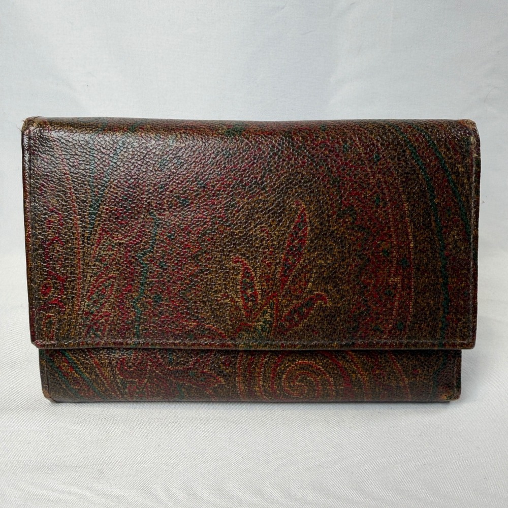 Etro Paisley Trifold Wallet Womens OS Brown Coated Canvas Leather Vintage Italy